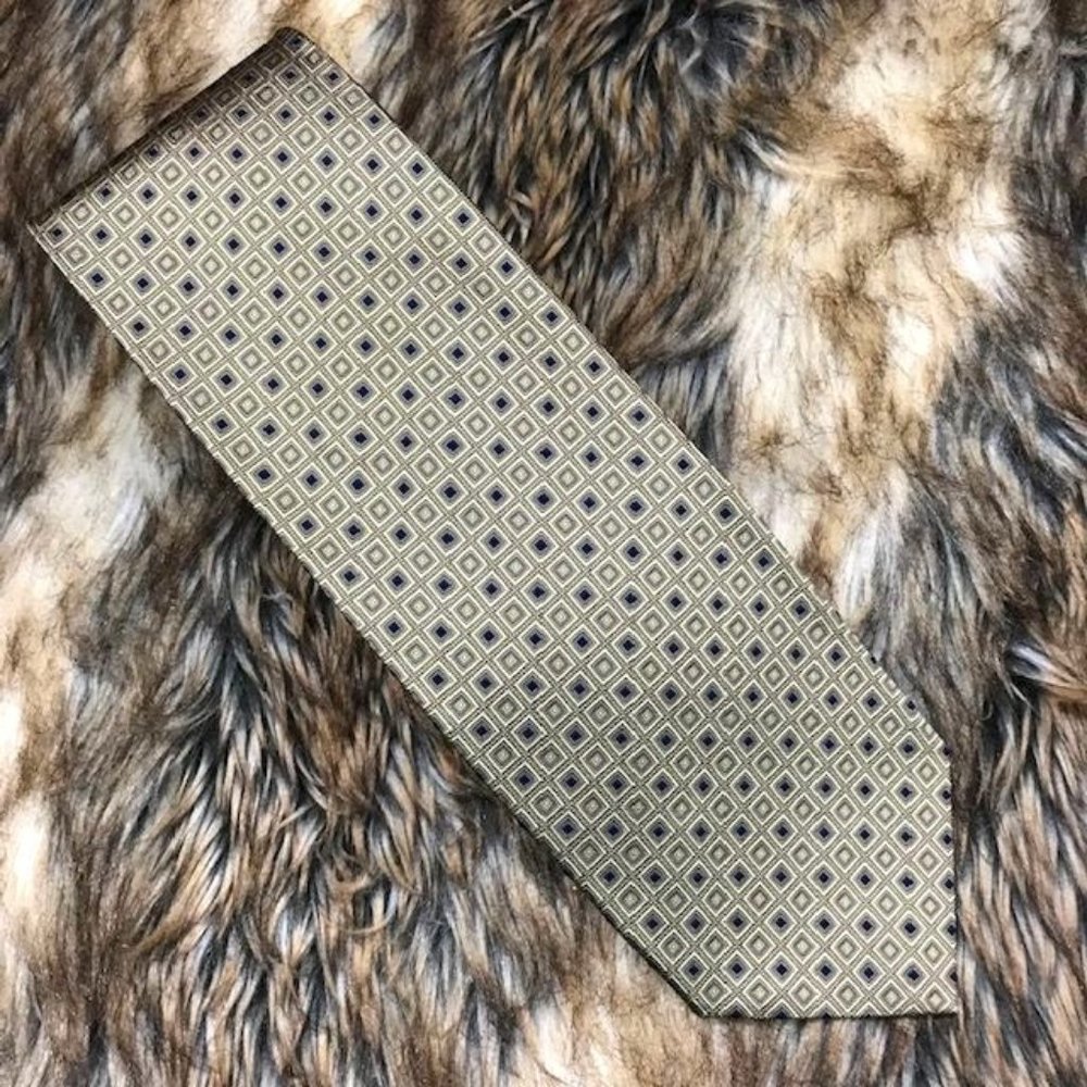 Roberto Villini Collezione 100% Silk Gold Navy Squares Hand Made Tie